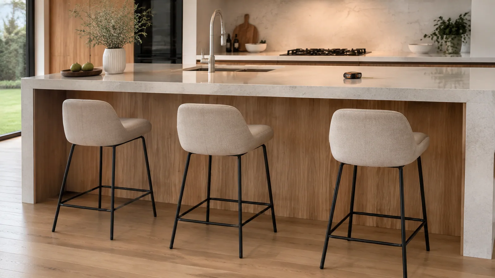 Three counter stools beside a kitchen island with a visible overhang.
