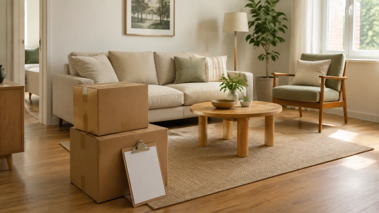 A compact furnished living room with moving boxes and a blank clipboard.