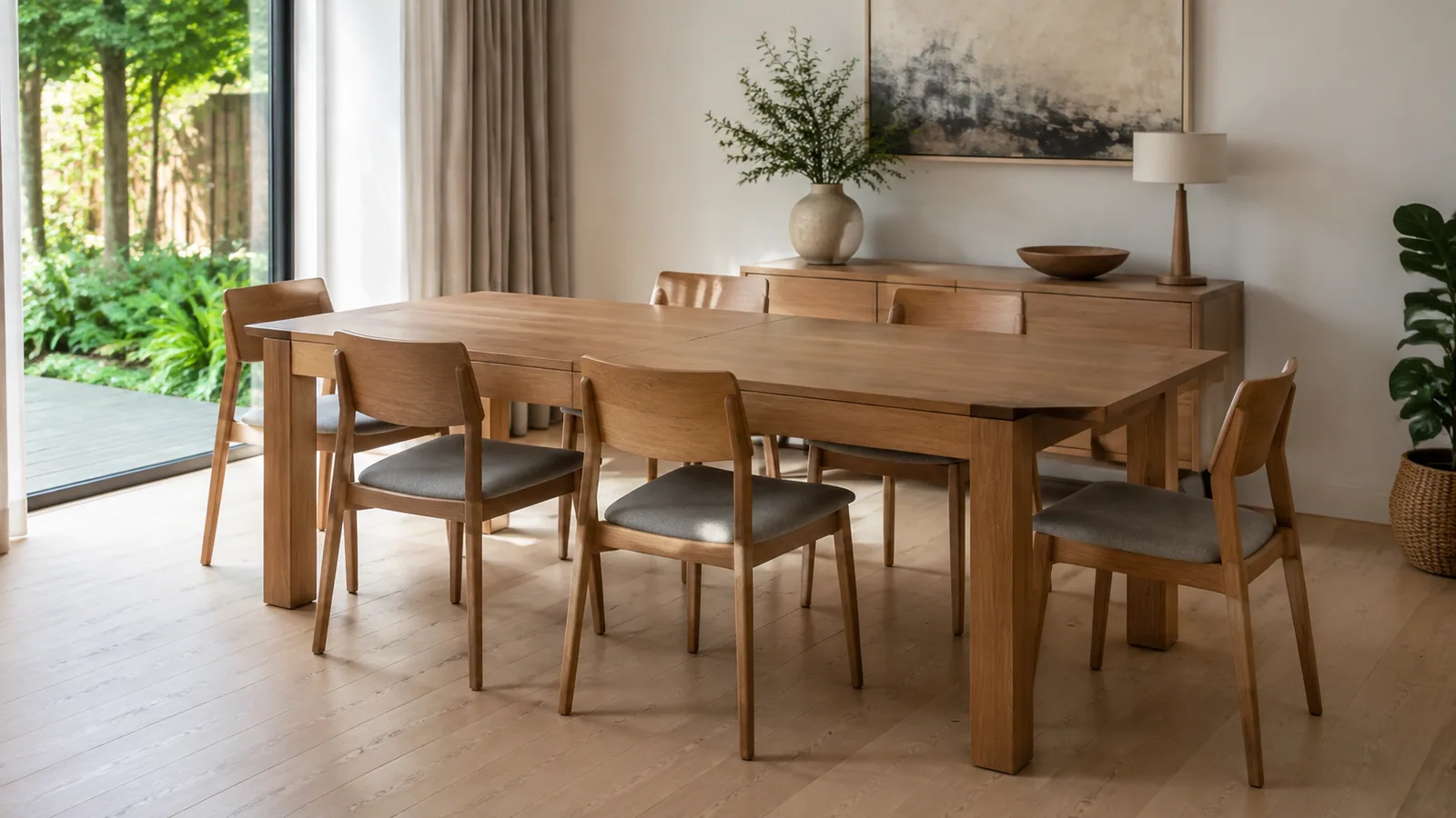 An extended timber dining table with visible leaf seams and six chairs.