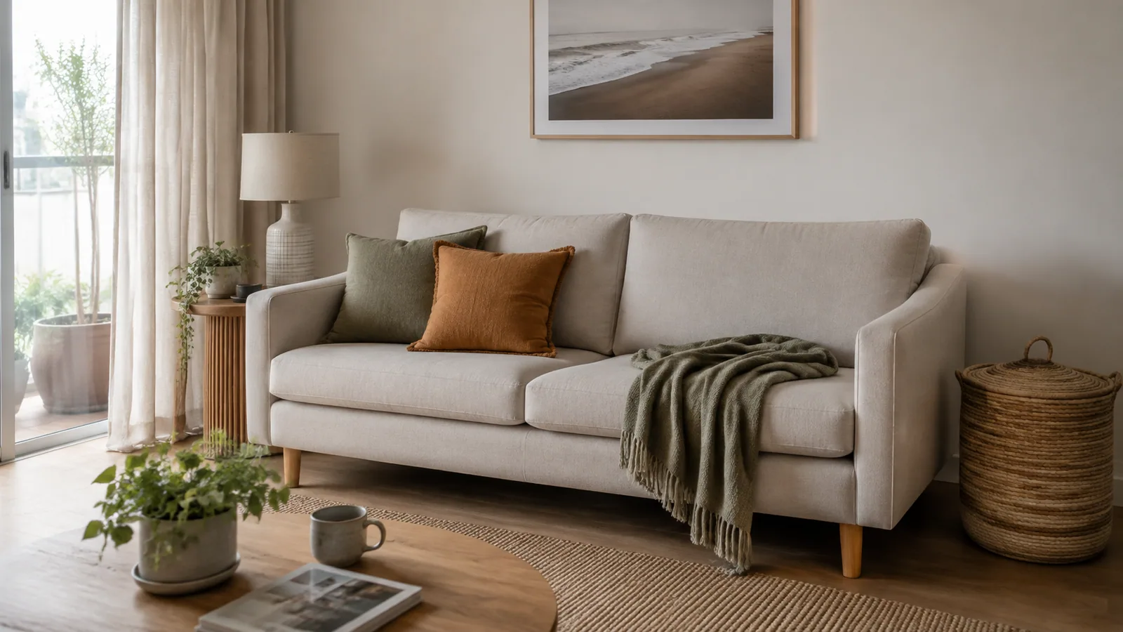 A neatly reset living room with cushions, a throw and a lidded storage basket.