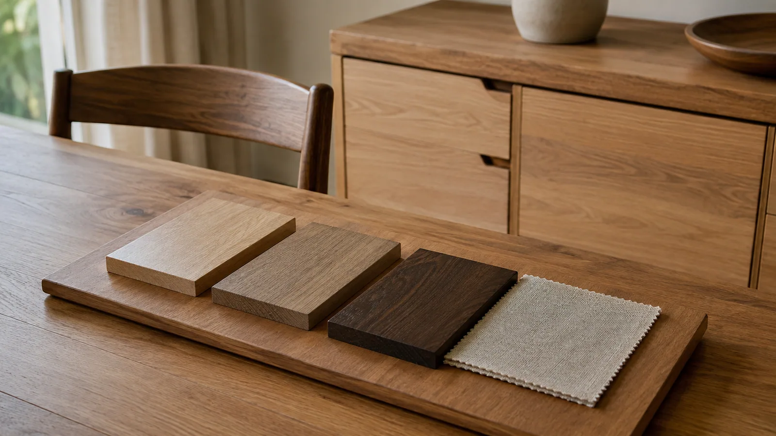 Three contrasting timber-finish samples and a fabric swatch on a dining table.