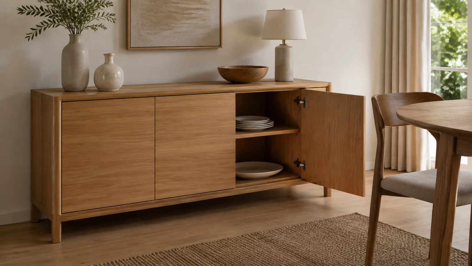 An open sideboard compartment holding plates and a serving platter.