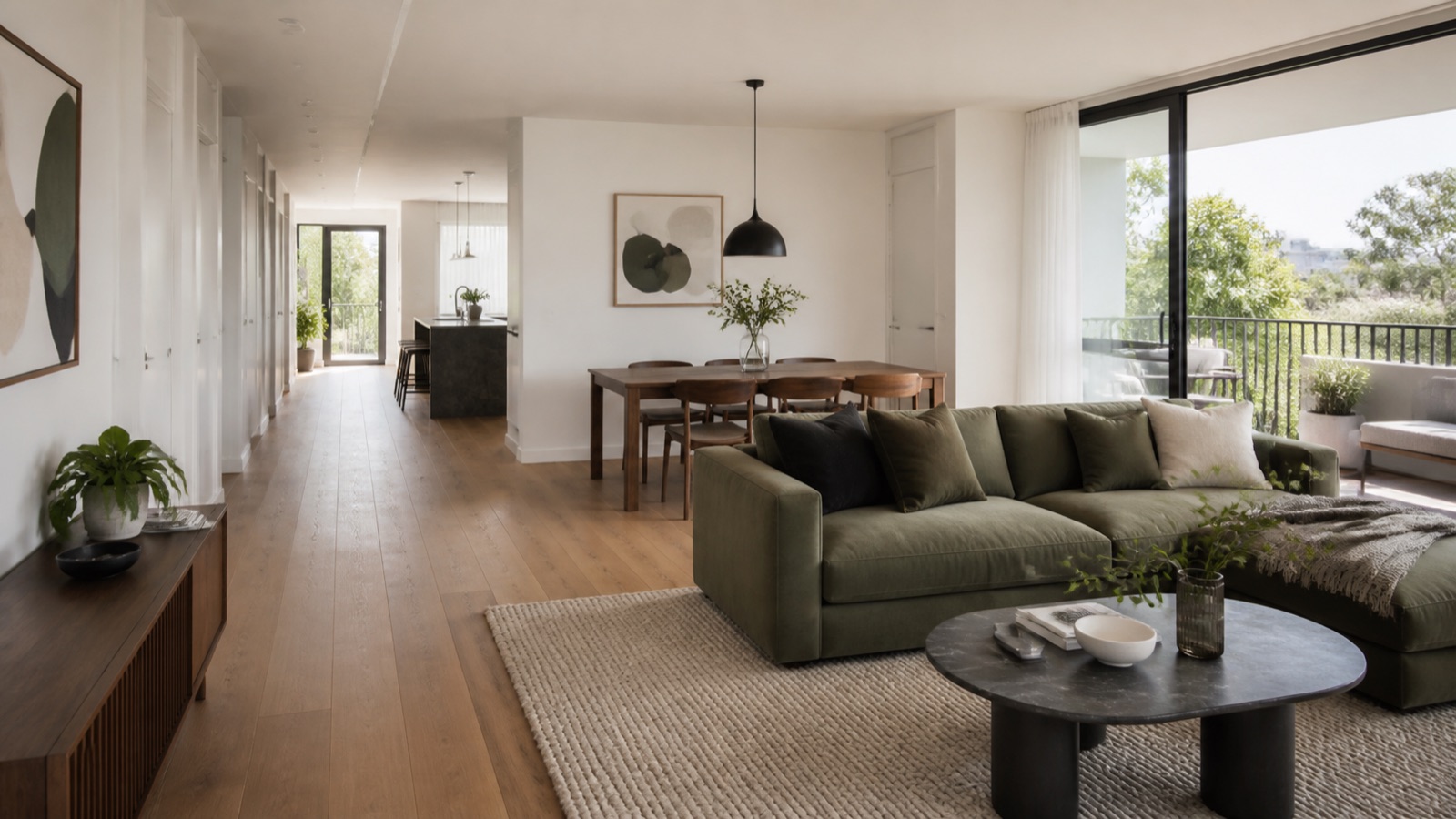 Open-plan living and dining furniture layout with clear walkways