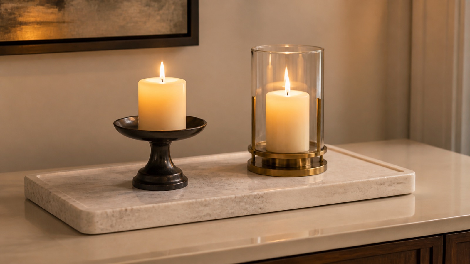 Candles in stable holders on a clear heat-resistant stone tray