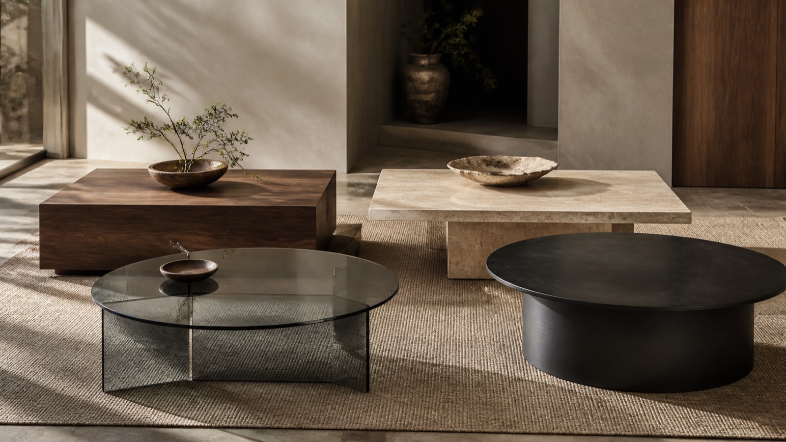 Glass, timber, stone and metal coffee tables compared in a showroom setting