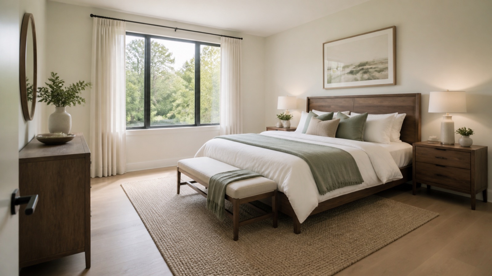 Queen bed shown with balanced bedroom proportions and clear walking space