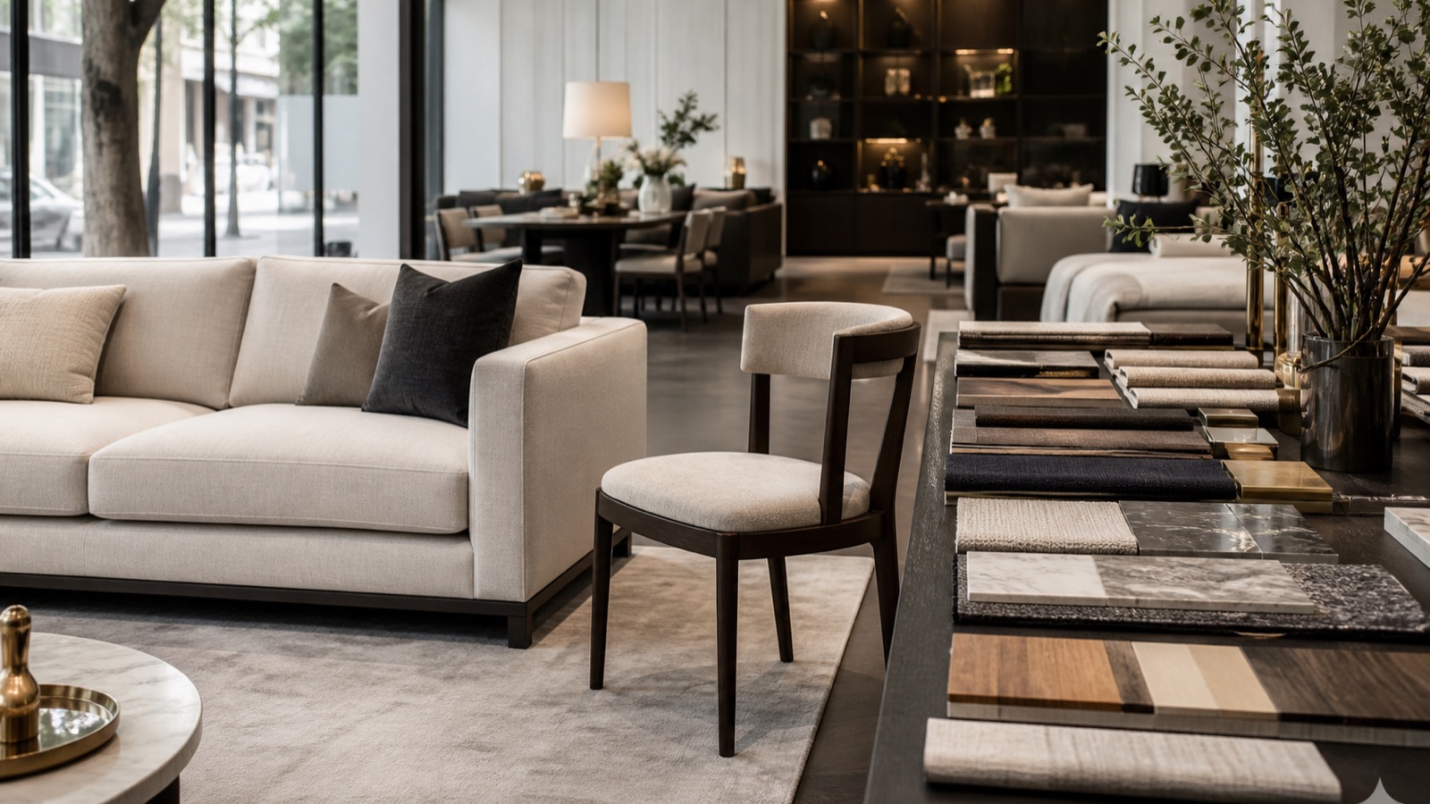 In-stock sofa and furniture finish samples displayed in a Melbourne showroom