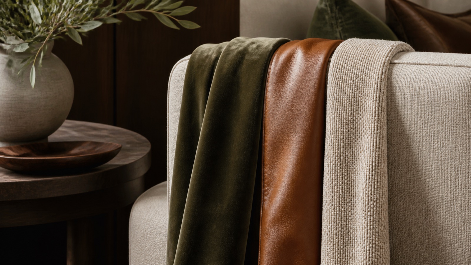 Velvet, leather and woven sofa upholstery samples side by side