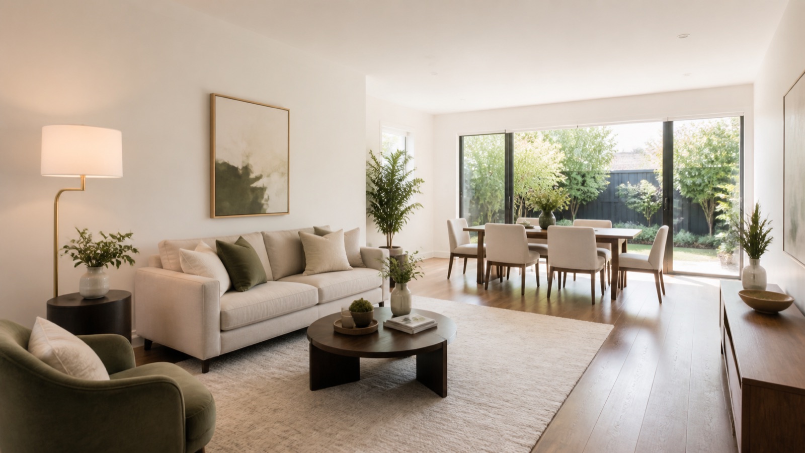 Staged Melbourne living and dining room comparing partial and full home staging