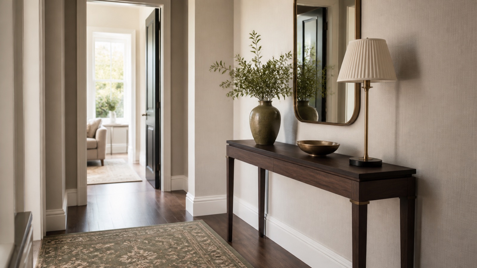 Slim console table styled with a mirror, lamp, vase and bowl