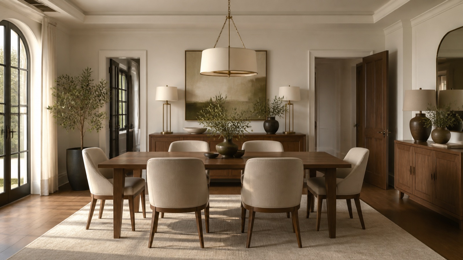Luxury dining room with upholstered chairs and an edited centrepiece