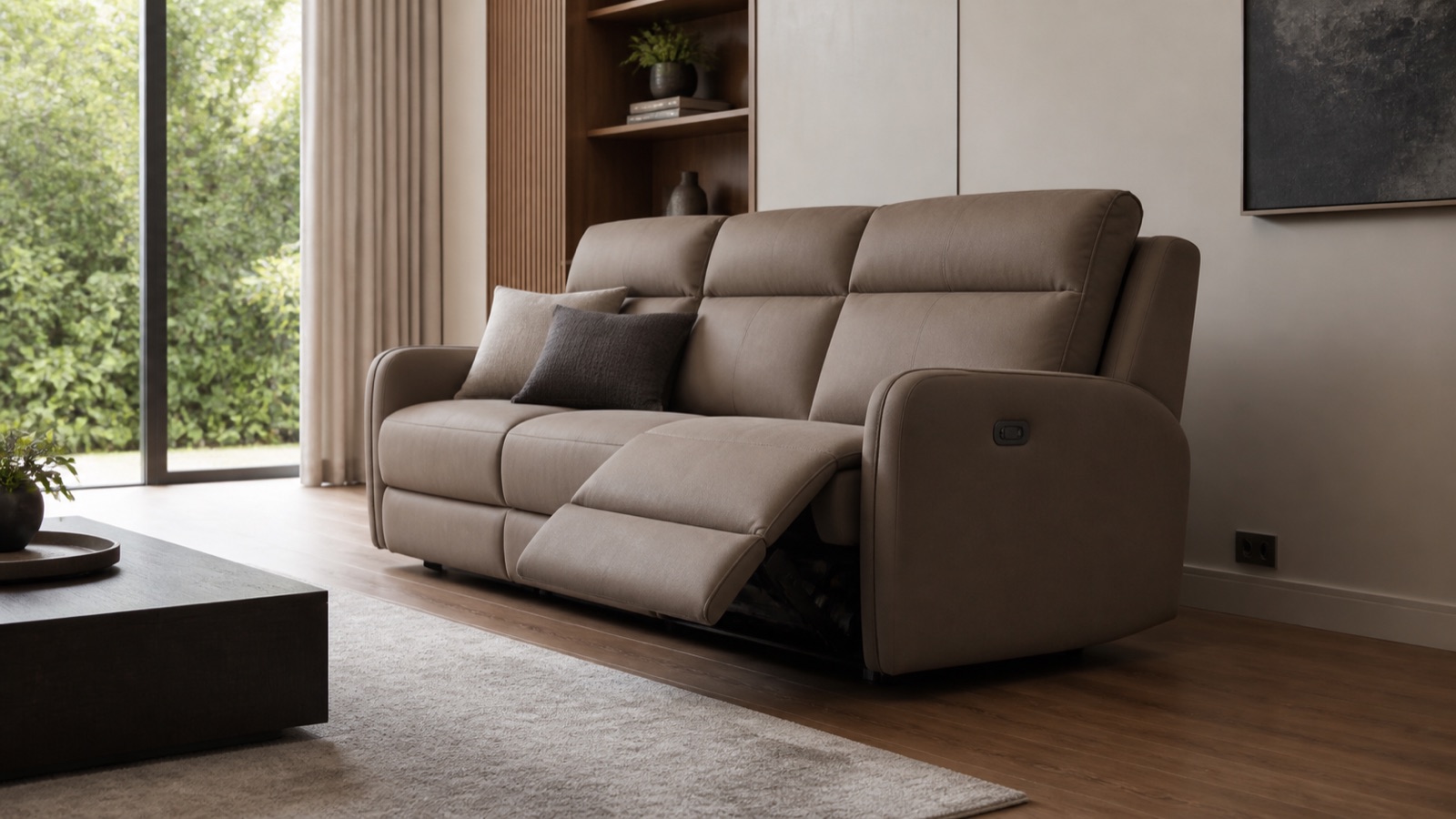 Powered recliner sofa extended with safe wall and floor clearance