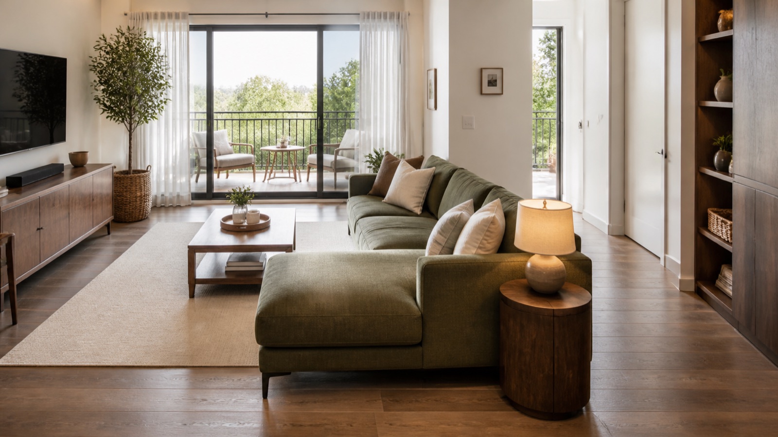 Chaise sofa oriented to preserve the route between entry and balcony