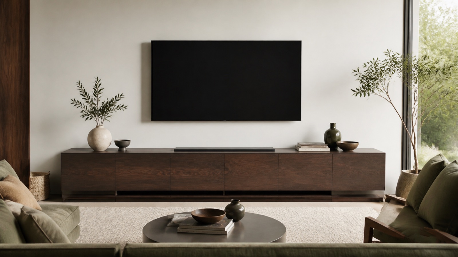 Television centred above a wide low entertainment unit with concealed cables