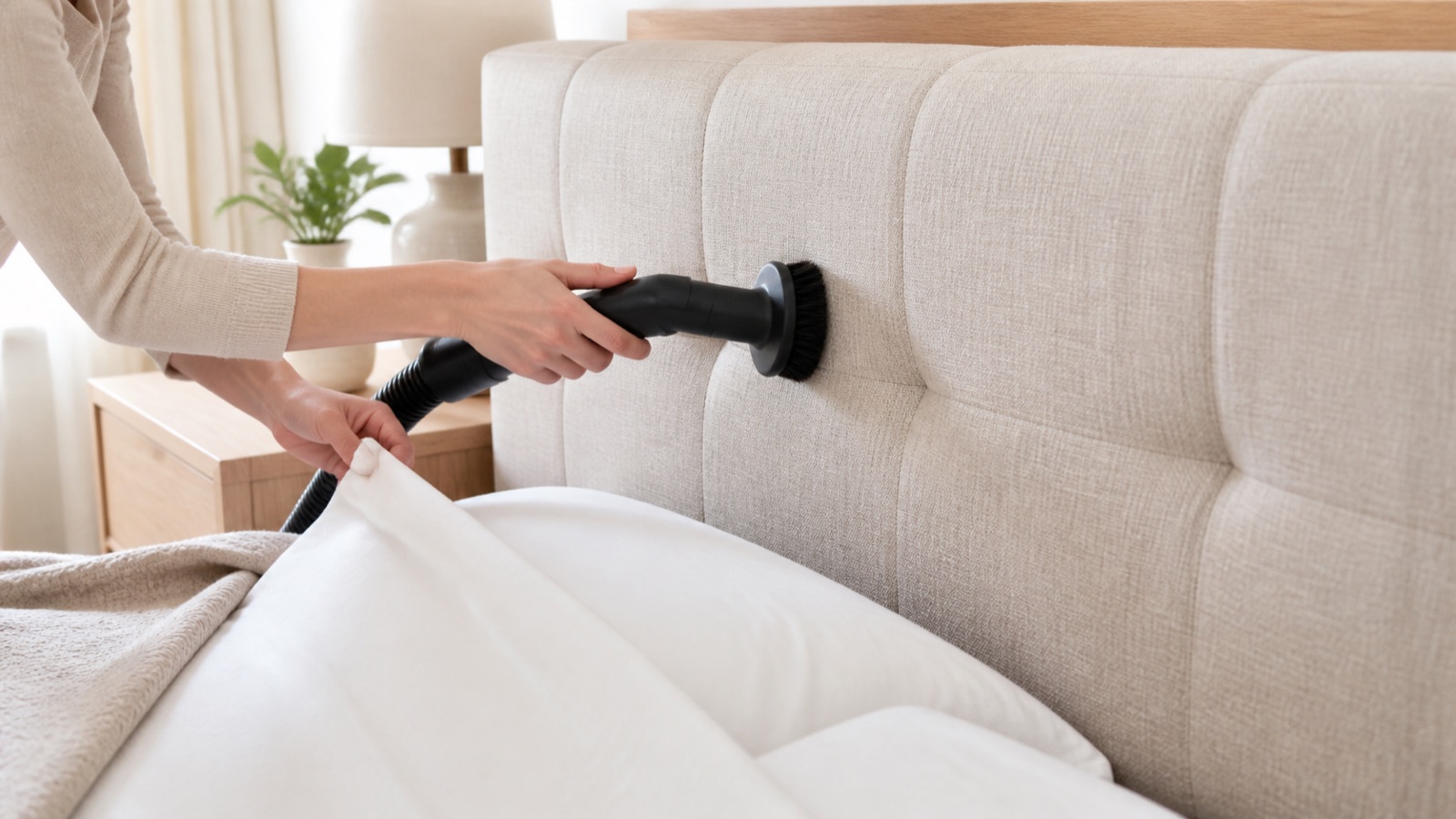 Soft upholstery brush vacuum cleaning an upholstered bed headboard