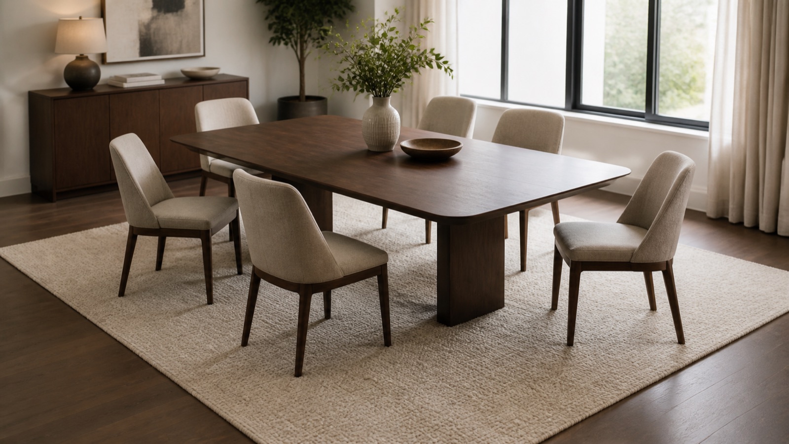Dining chairs positioned on a generously sized rug with pull-out clearance