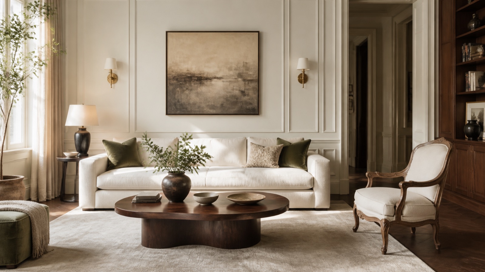 Contemporary sofa paired with a classic armchair and decorative details