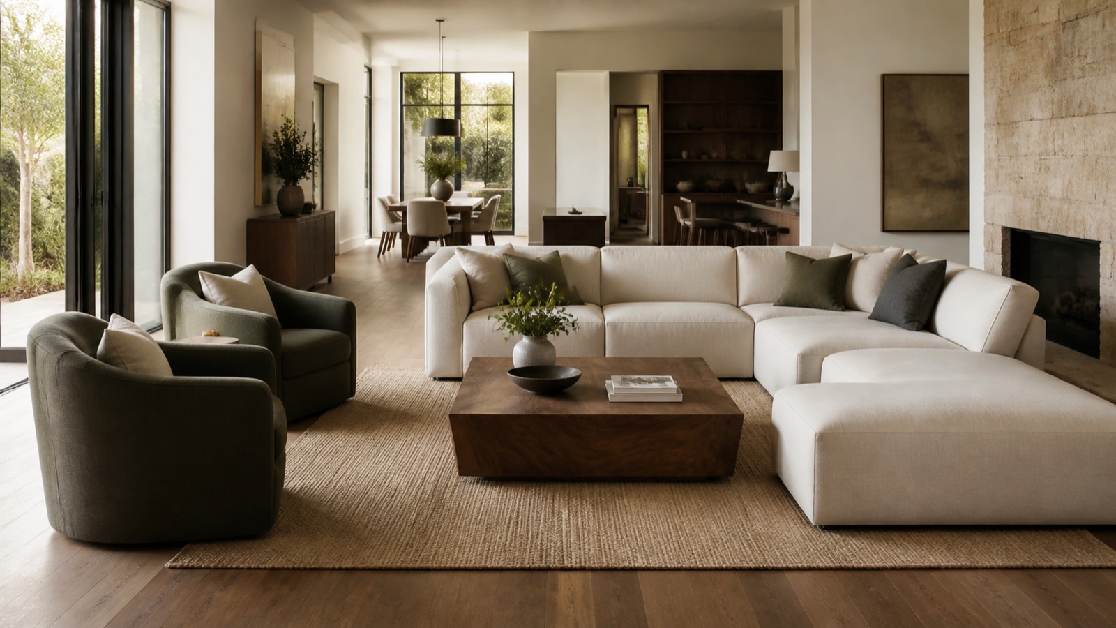 Modular sectional and coordinated armchairs arranged with clear circulation