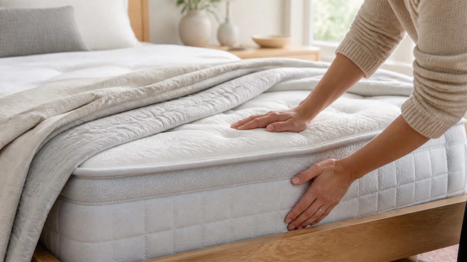 Person testing mattress firmness and support by hand