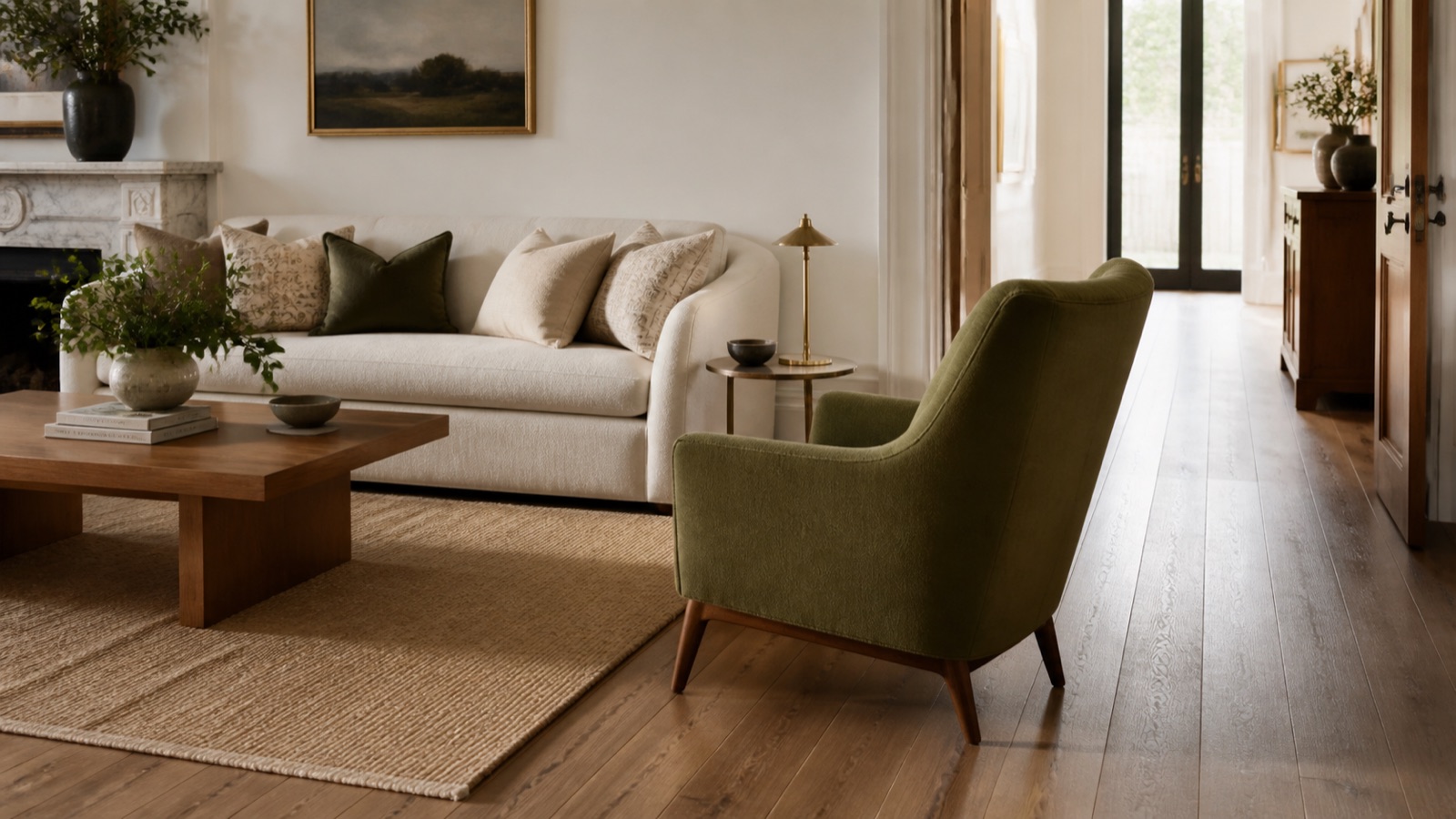Accent armchair placed beside a sofa with a clear walking route