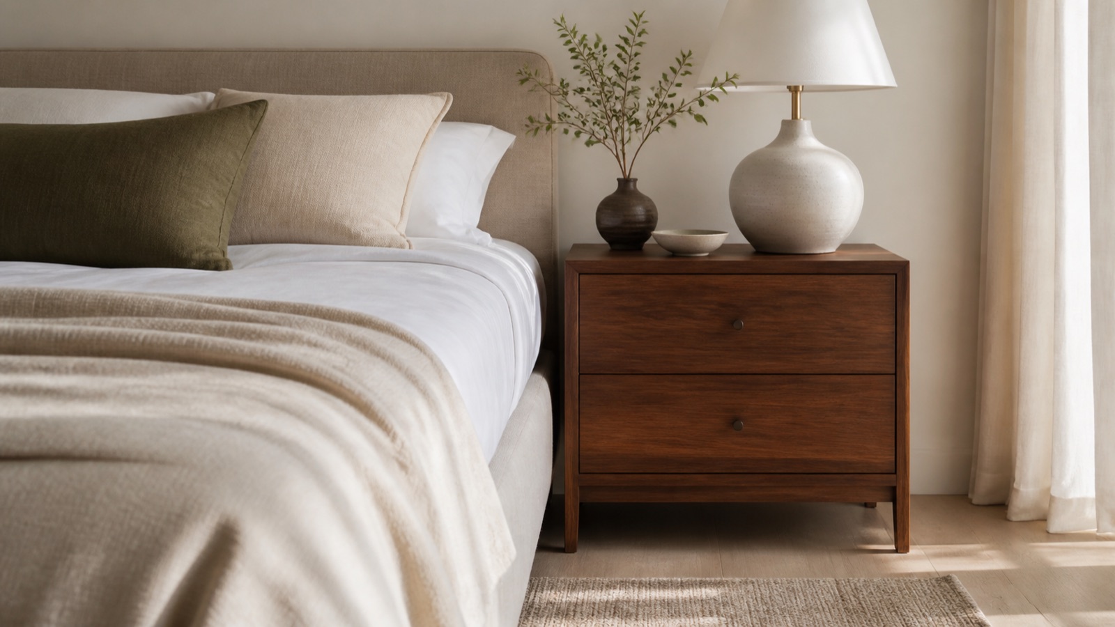 Bedside table aligned with the top of a mattress