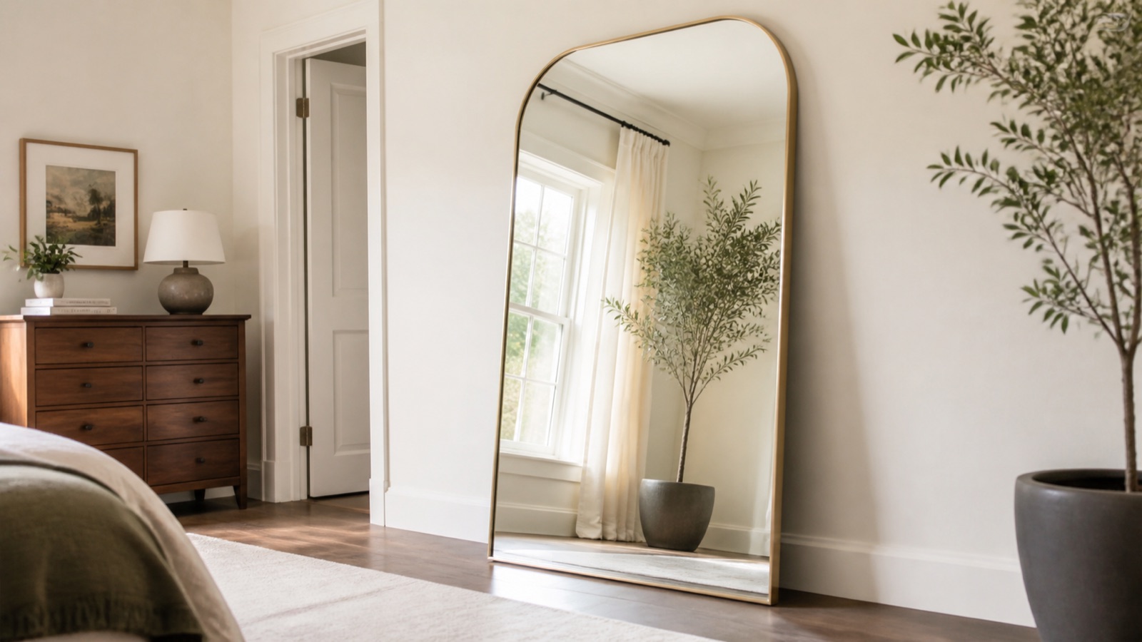Large framed floor mirror positioned securely to reflect daylight