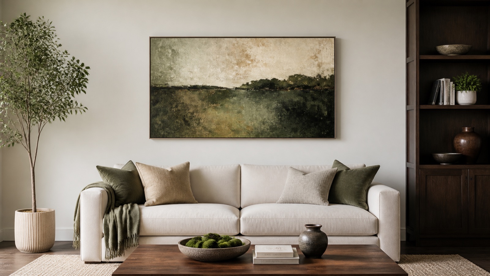 Correctly scaled wall art centred above a sofa
