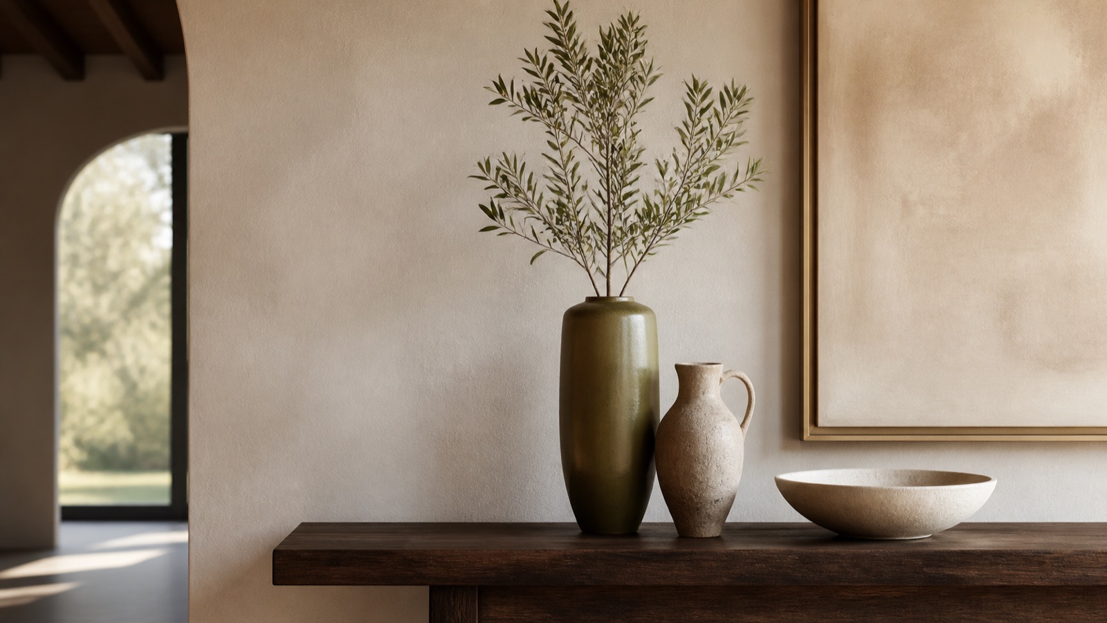Decorative vase, jug and bowl arranged at varied heights on a console