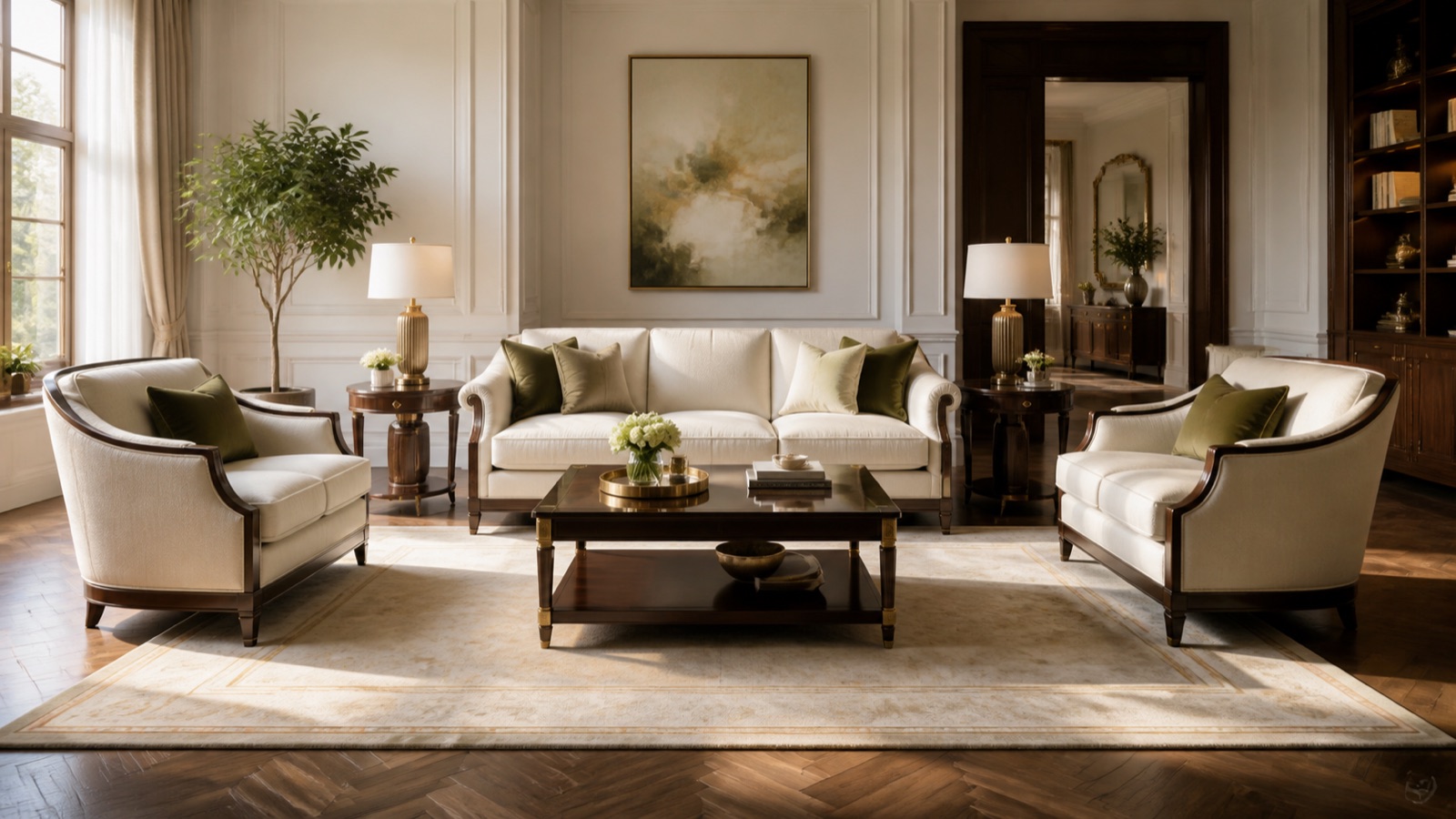 Luxury sofa set arranged with balanced tables and open circulation