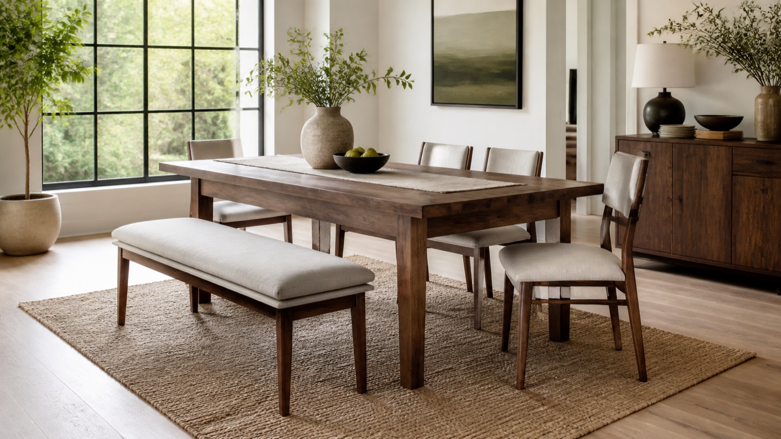 Dining table with an upholstered bench on one side and chairs on the other