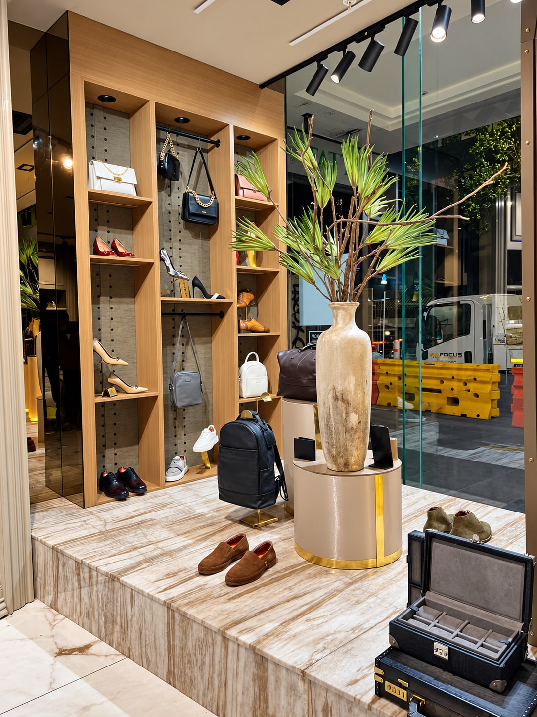 Styled retail display with a sculptural vase, greenery, handbags and timber shelving