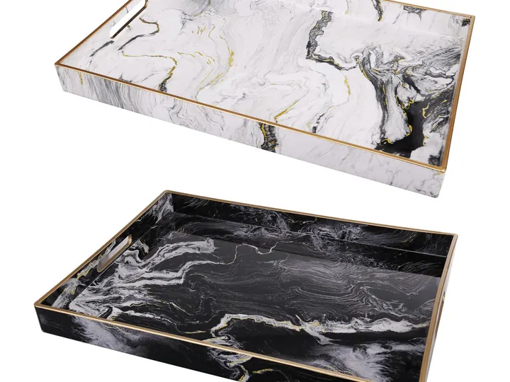 Set of 2 Marble Look Rectangular Trays – Black & White