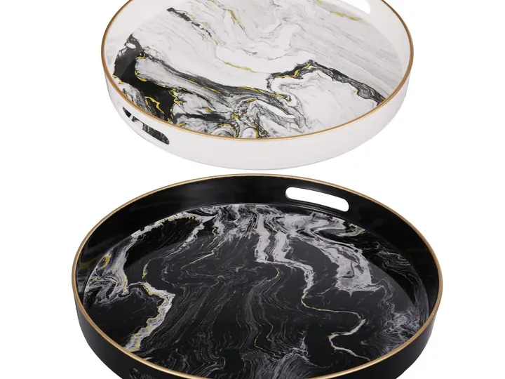 Set of 2 Round Marble Look Trays – Black & White