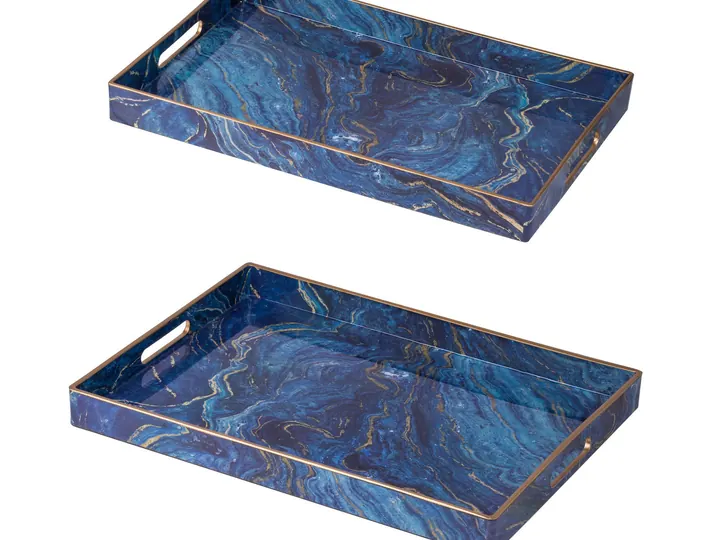 Set of 2 Rectangular Marble Look Trays – Blue with Gold Accents