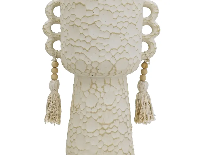 Textured Boho Planter with Tassels – Cream
