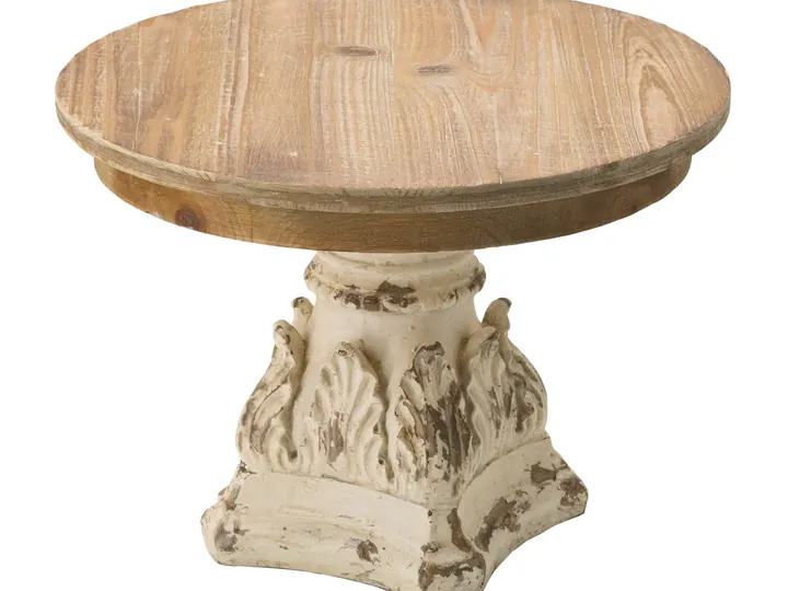 Rustic Round Display Pedestal – Wood & Distressed White Base