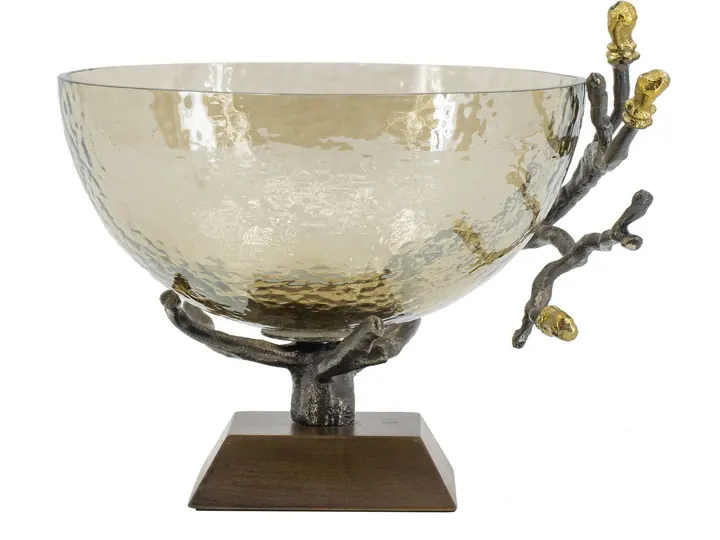 Hammered Glass Decorative Bowl on Branch Stand – Amber & Bronze