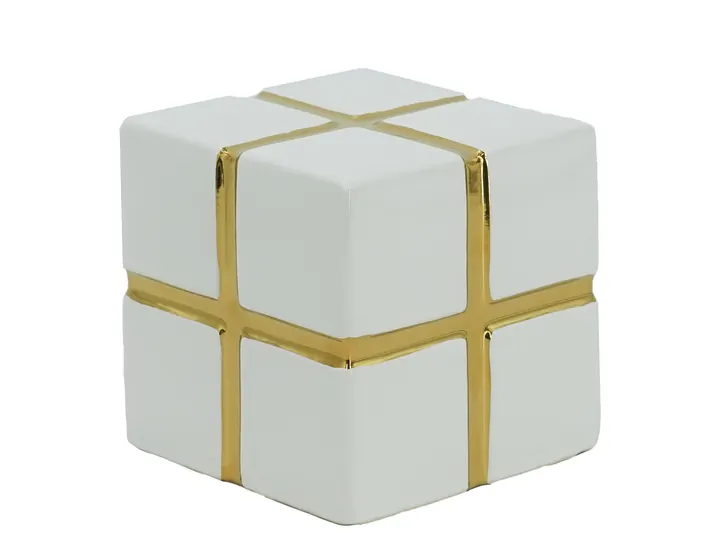 Ceramic Cube Decor – White with Gold Trim (Large)