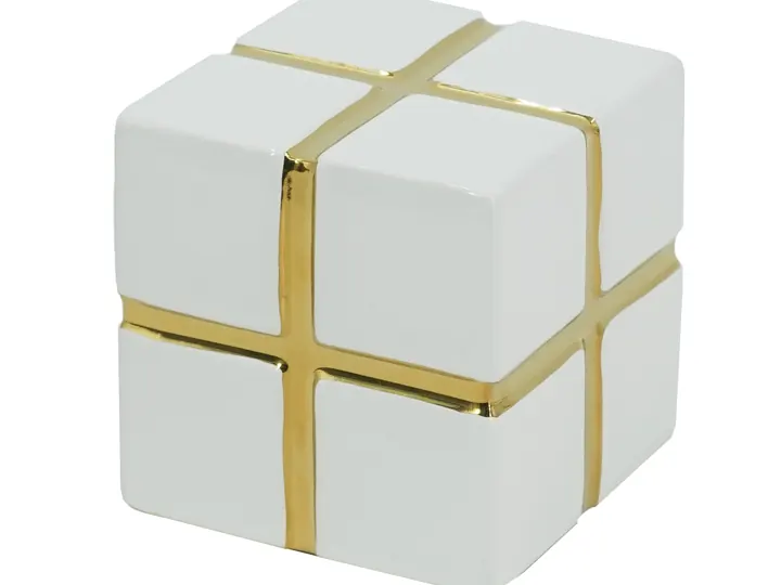Ceramic Cube Decor – White with Gold Trim (Small)