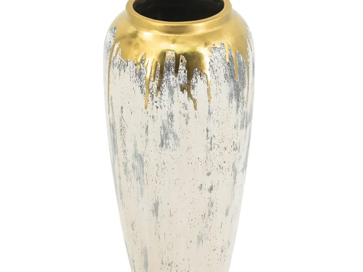 Tall Decorative Vase – White Textured with Gold Drip Accent