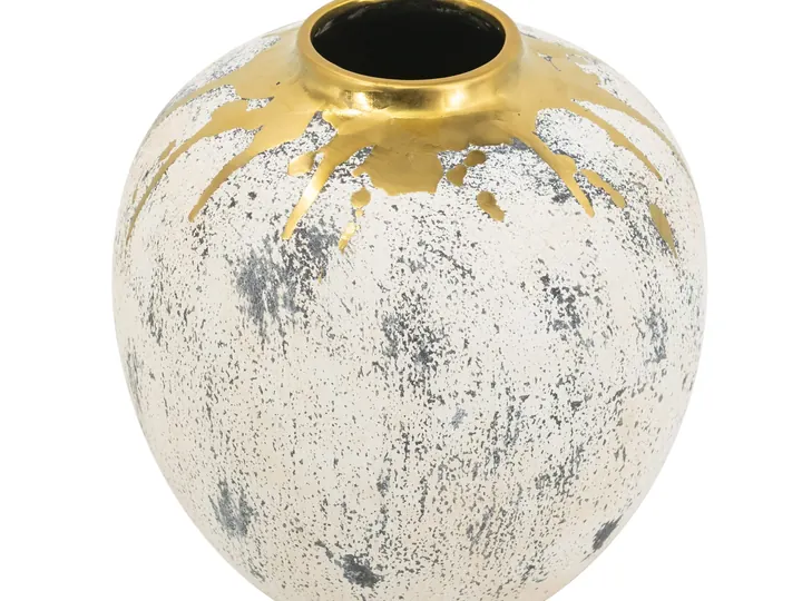 Round Decorative Vase – White Textured Finish with Gold Drip