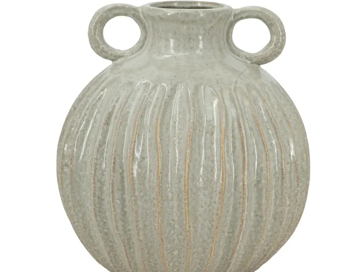 Round Ribbed Ceramic Vase – Natural Finish with Handles