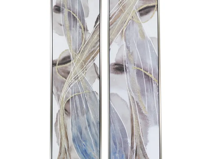 Set of 2 Framed Abstract Art Prints – Blue, Gold & Neutral Tones