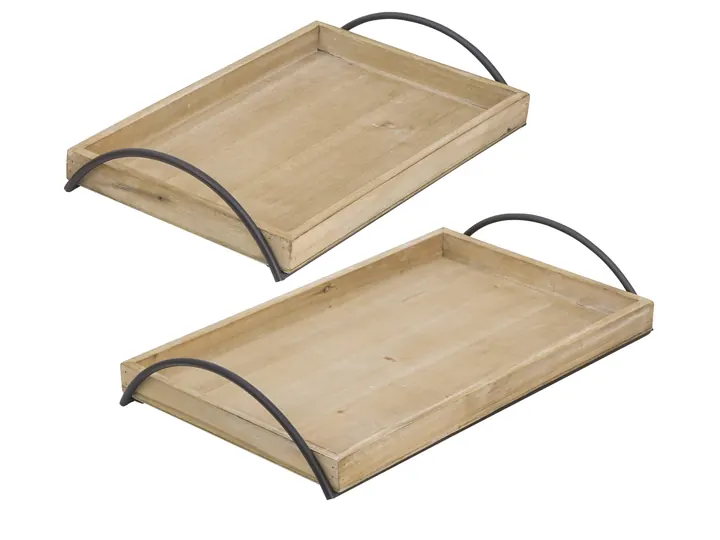 Set of 2 Natural Wood Trays with Metal Handles – Large & Small