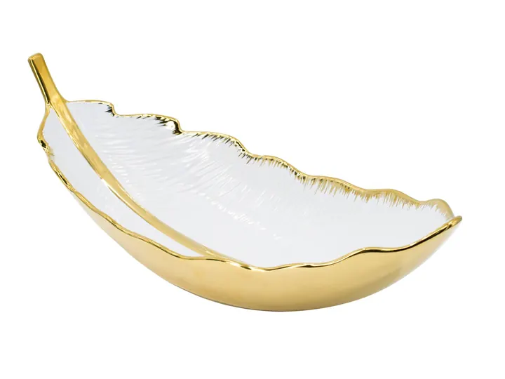 Gold & White Feather Decorative Bowl