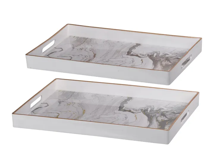 Set of 2 White Marble-Effect Serving Trays – 19" & 18"