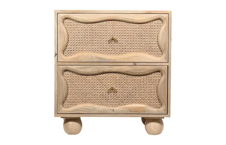 Noelle Mango Wood and Rattan Bedside Table - 2 Drawer