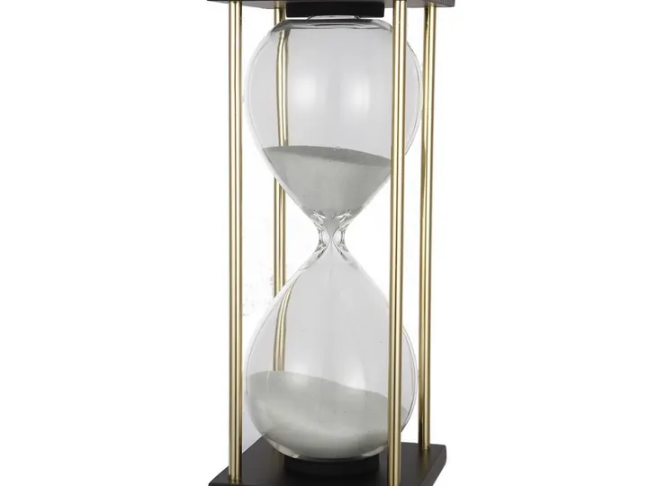 Glass Hourglass Timer – White Sand – 10 × 10 × 23 cm