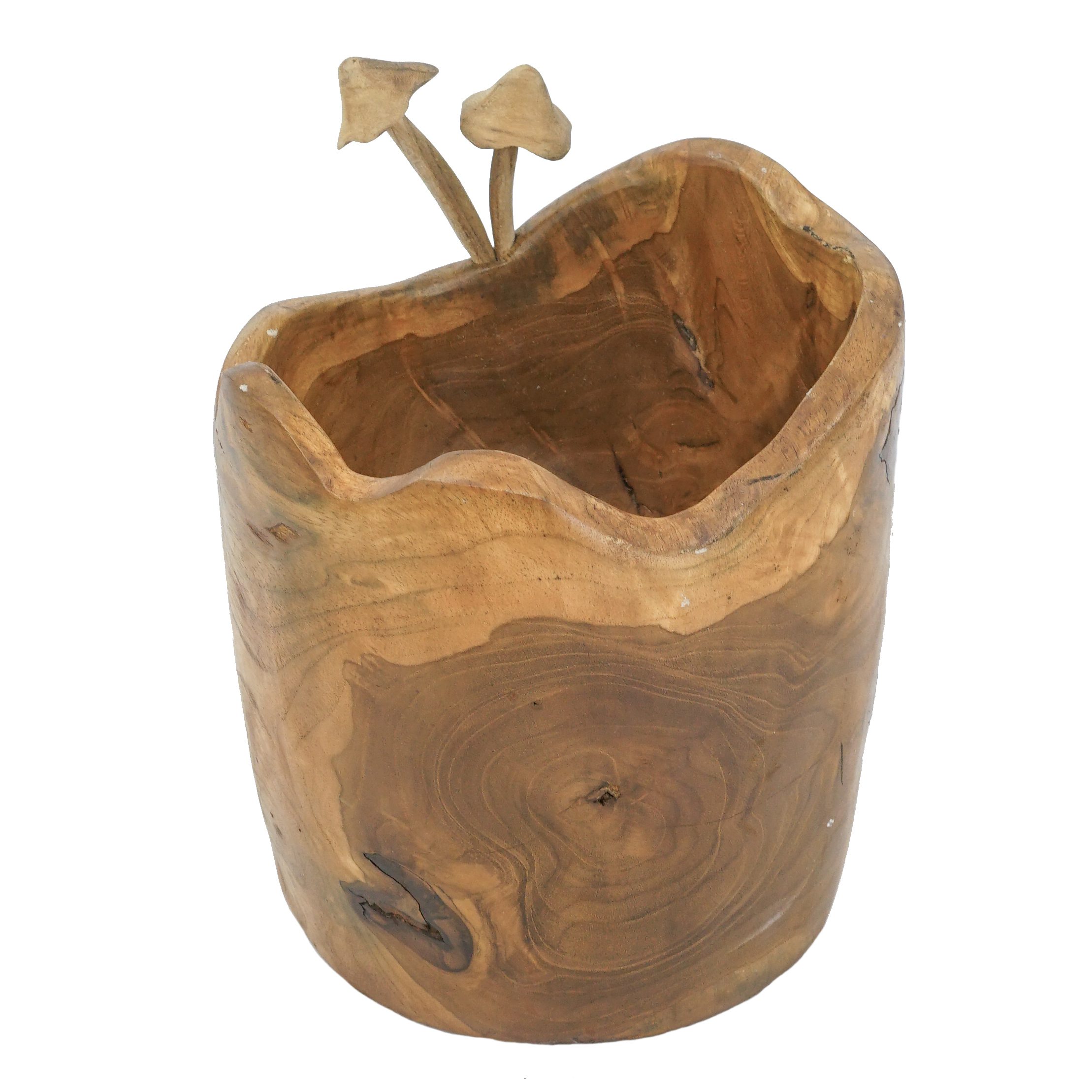 Natural Wooden Bowl with Carved Mushroom Detail