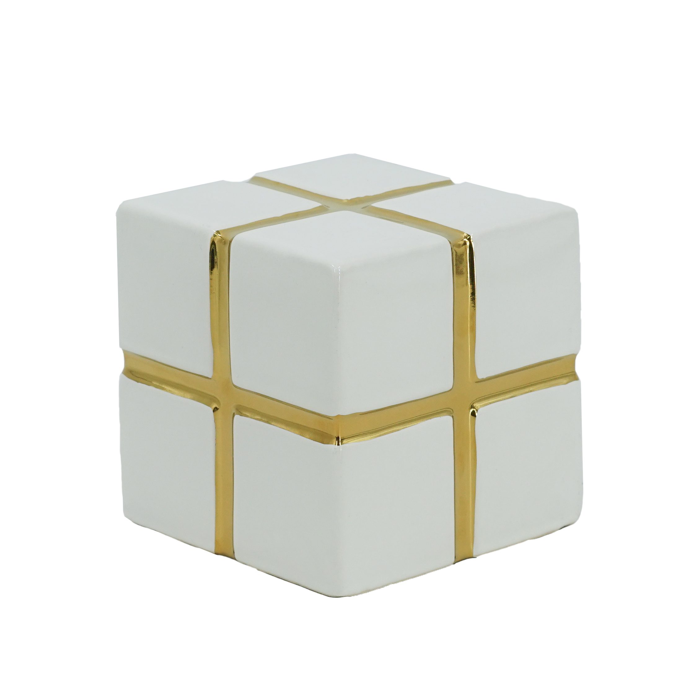 Ceramic Cube Decor – White with Gold Trim (Large)